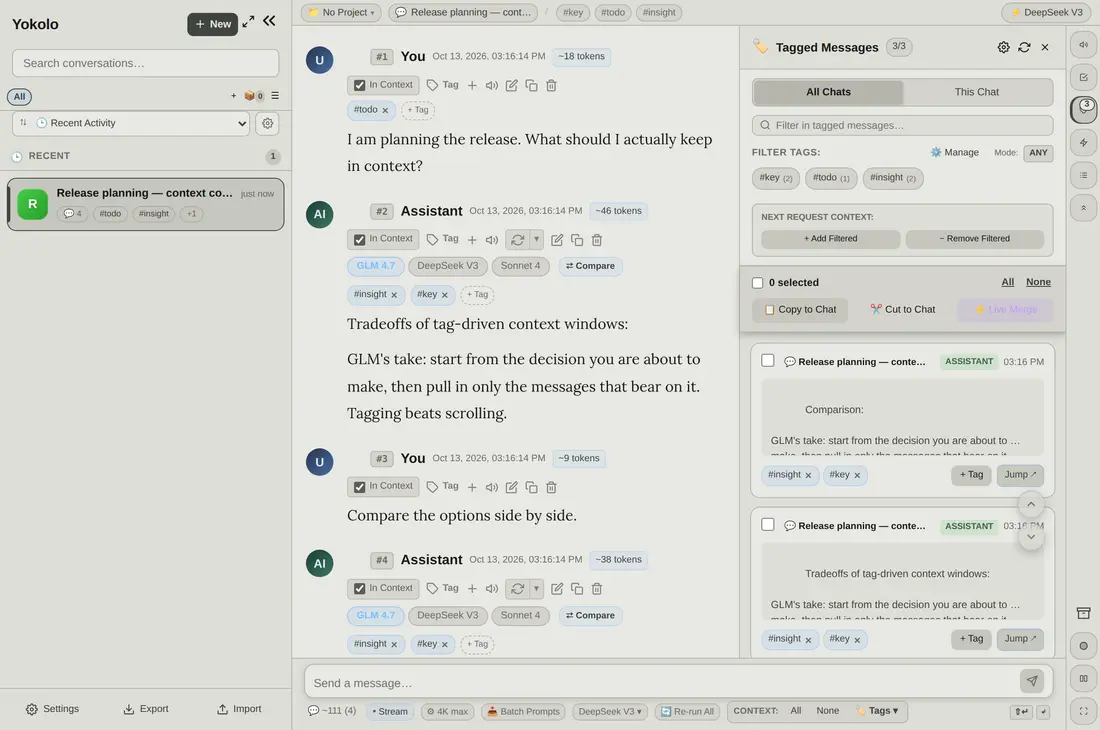 Tagged messages and snippets in Yokolo